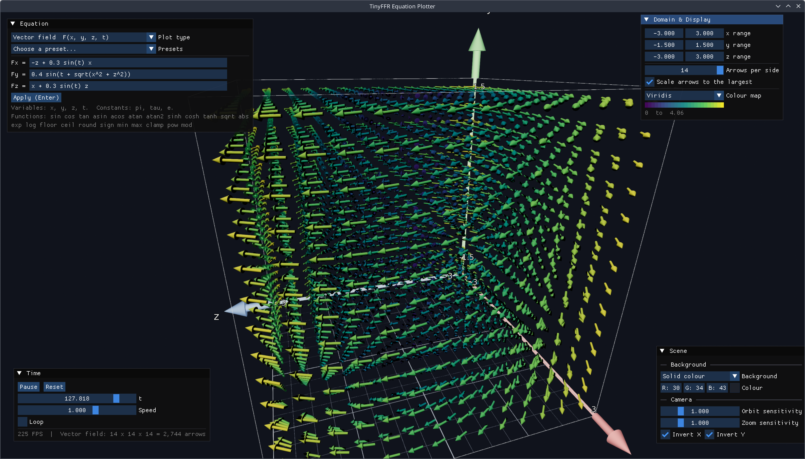 Image showing an animated rippling surface plotted inside a wireframe box with labelled axes, with ImGui control windows around the edges of the screen.