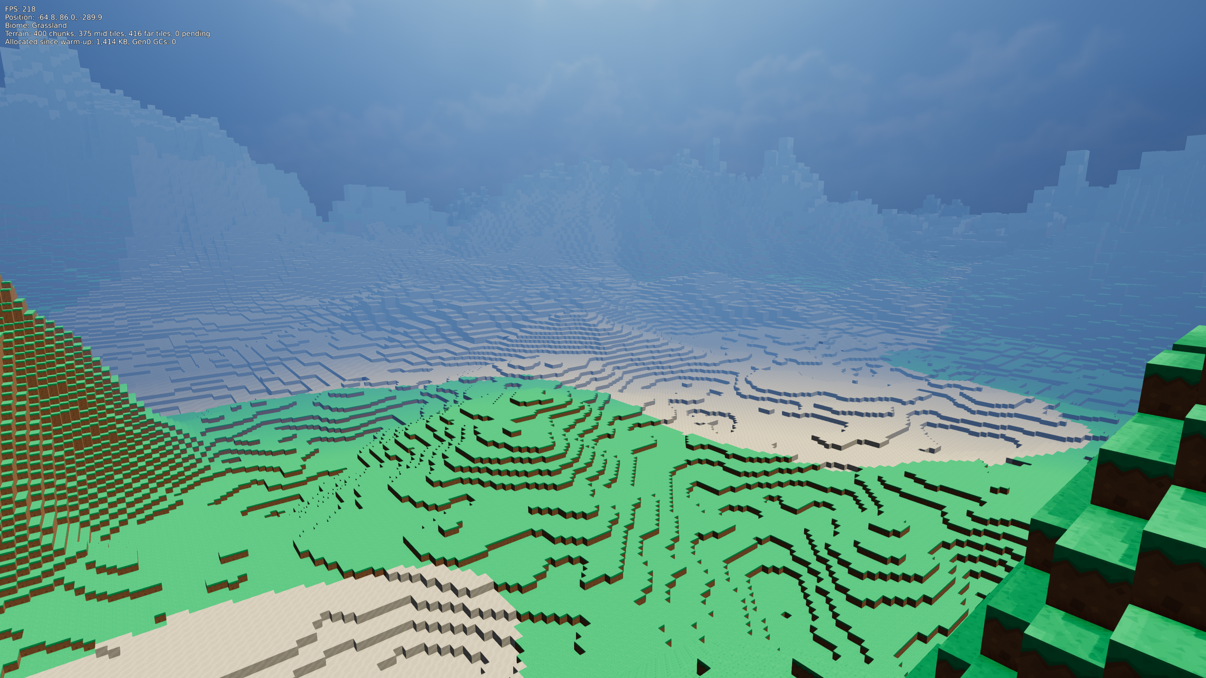 Image showing a blocky voxel landscape of grassy hills, with a debug readout in the top-left corner.